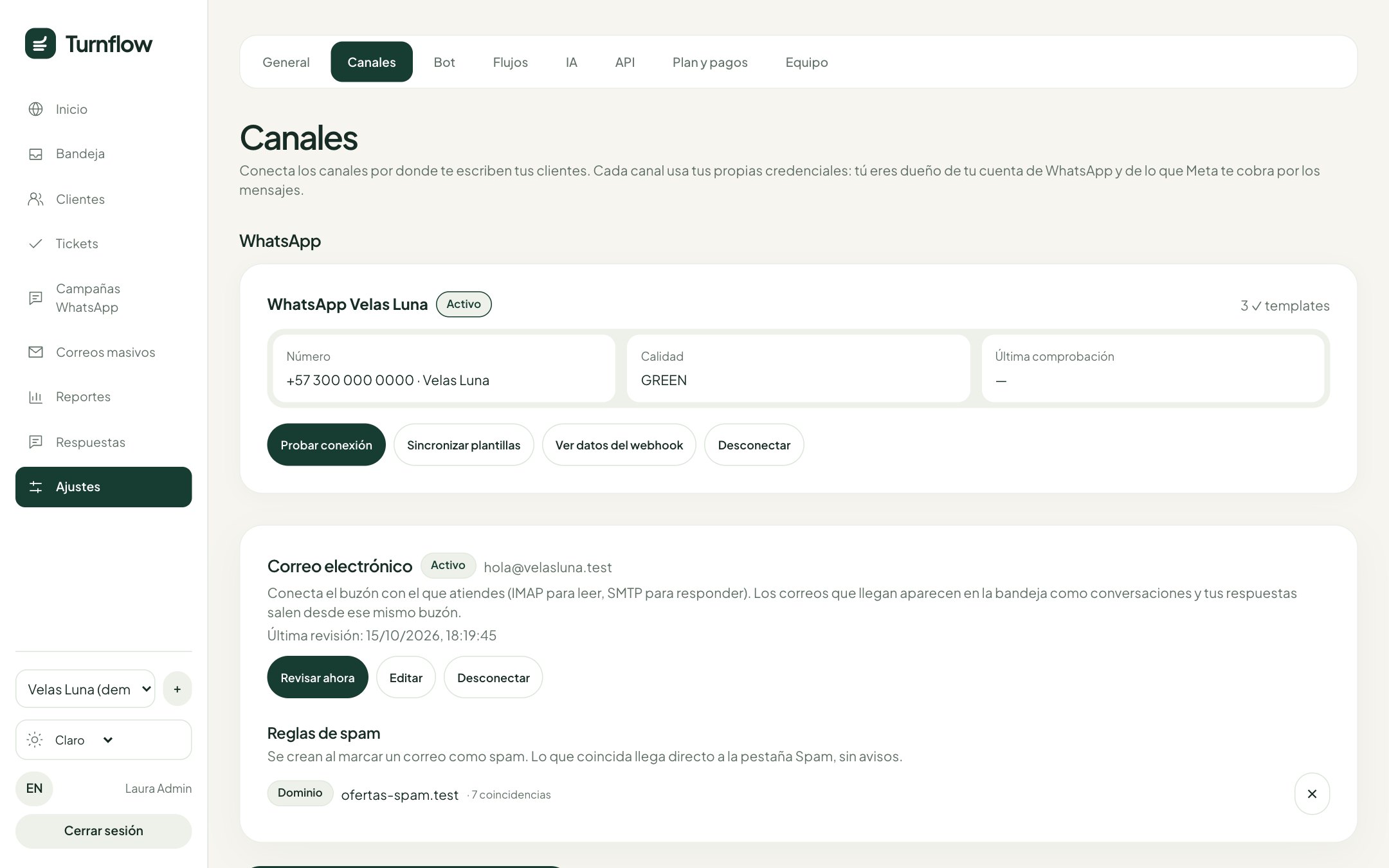 Canales: WhatsApp y correo electrónico conectados