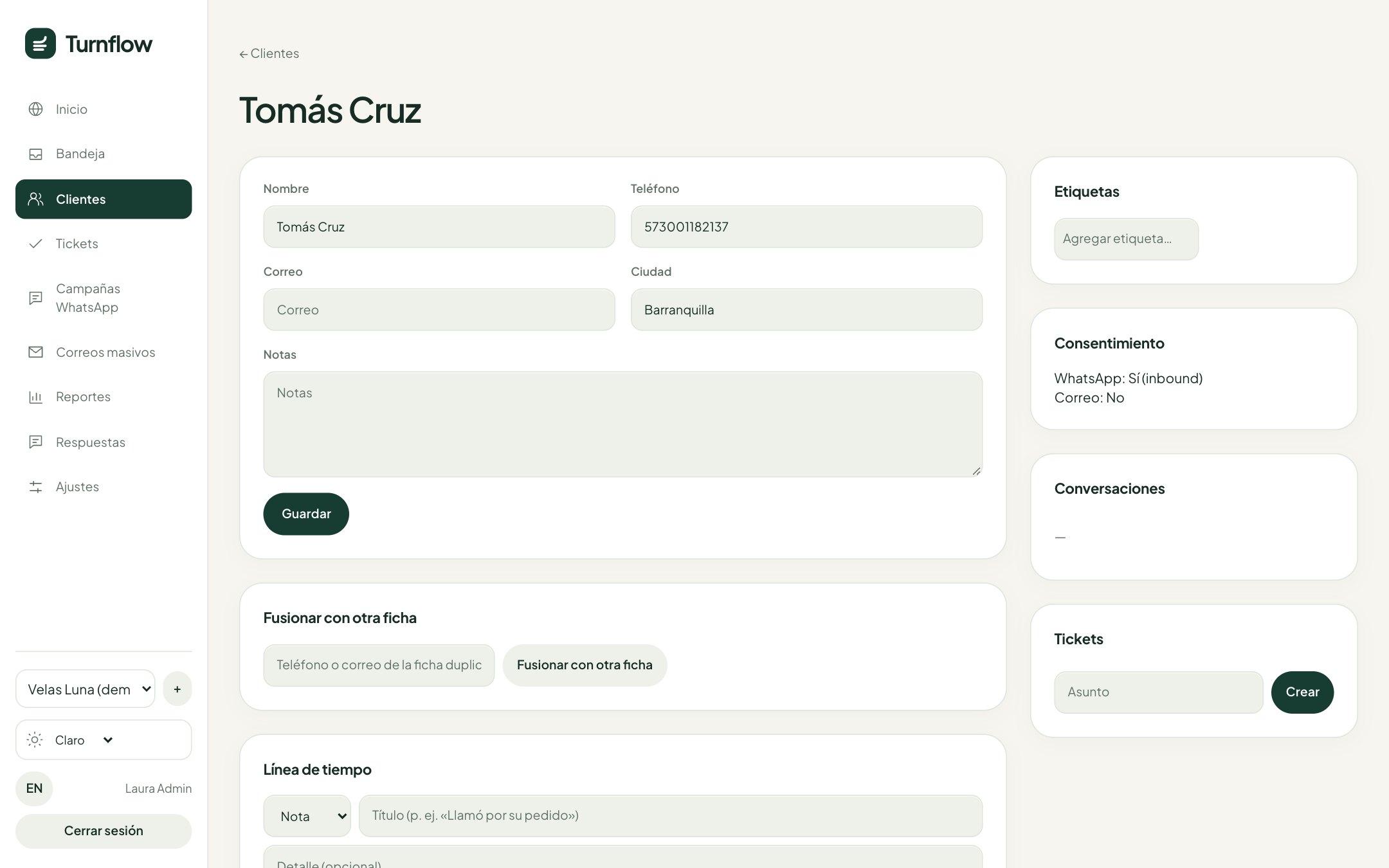 Ficha de un cliente con su historial