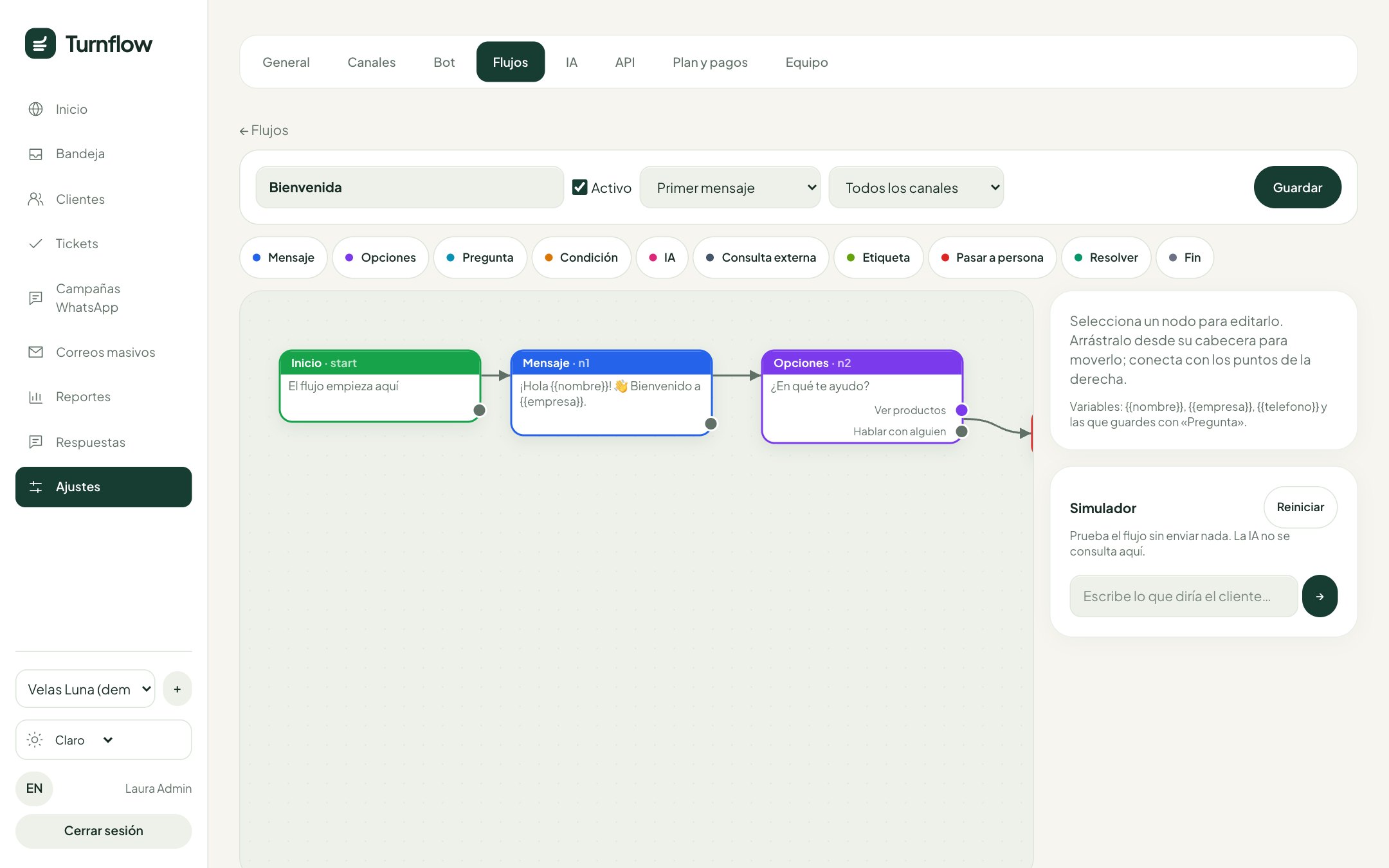 Editor de flujos con nodos y simulador