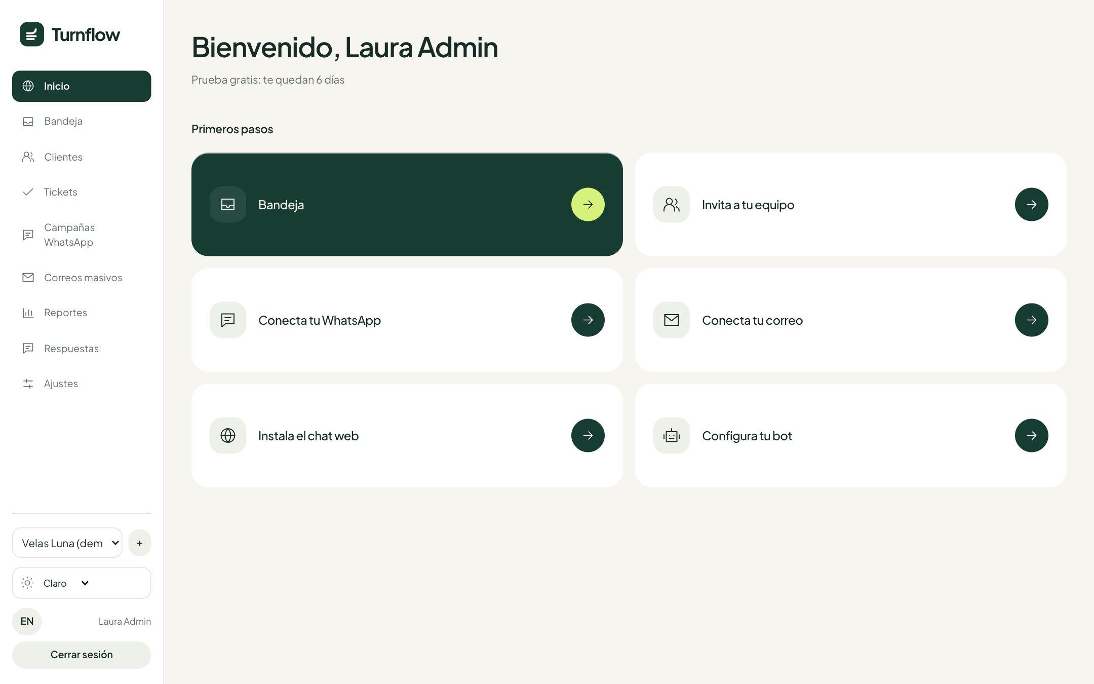 Pantalla de inicio de Turnflow con las tarjetas de primeros pasos