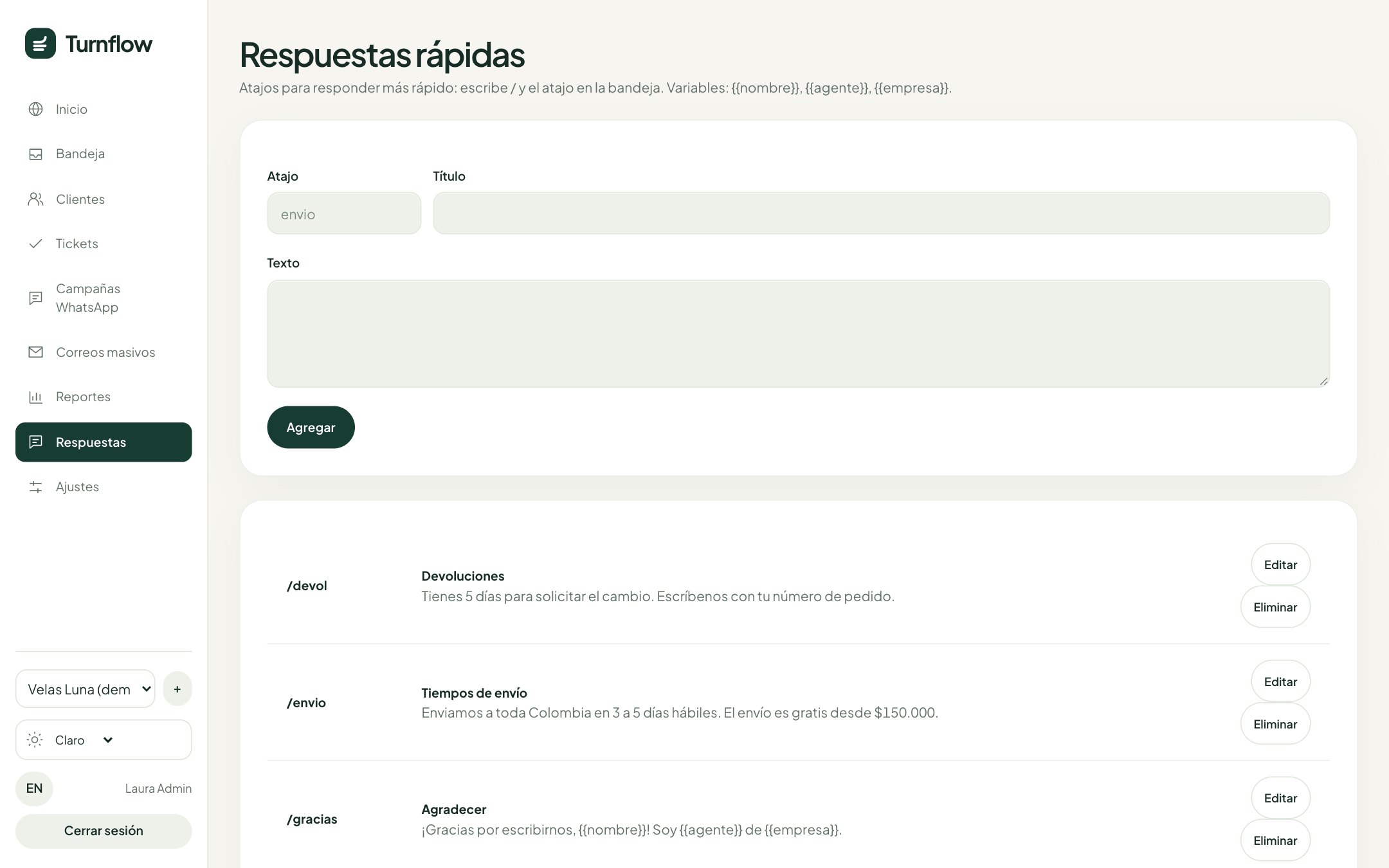 Pantalla de respuestas rápidas
