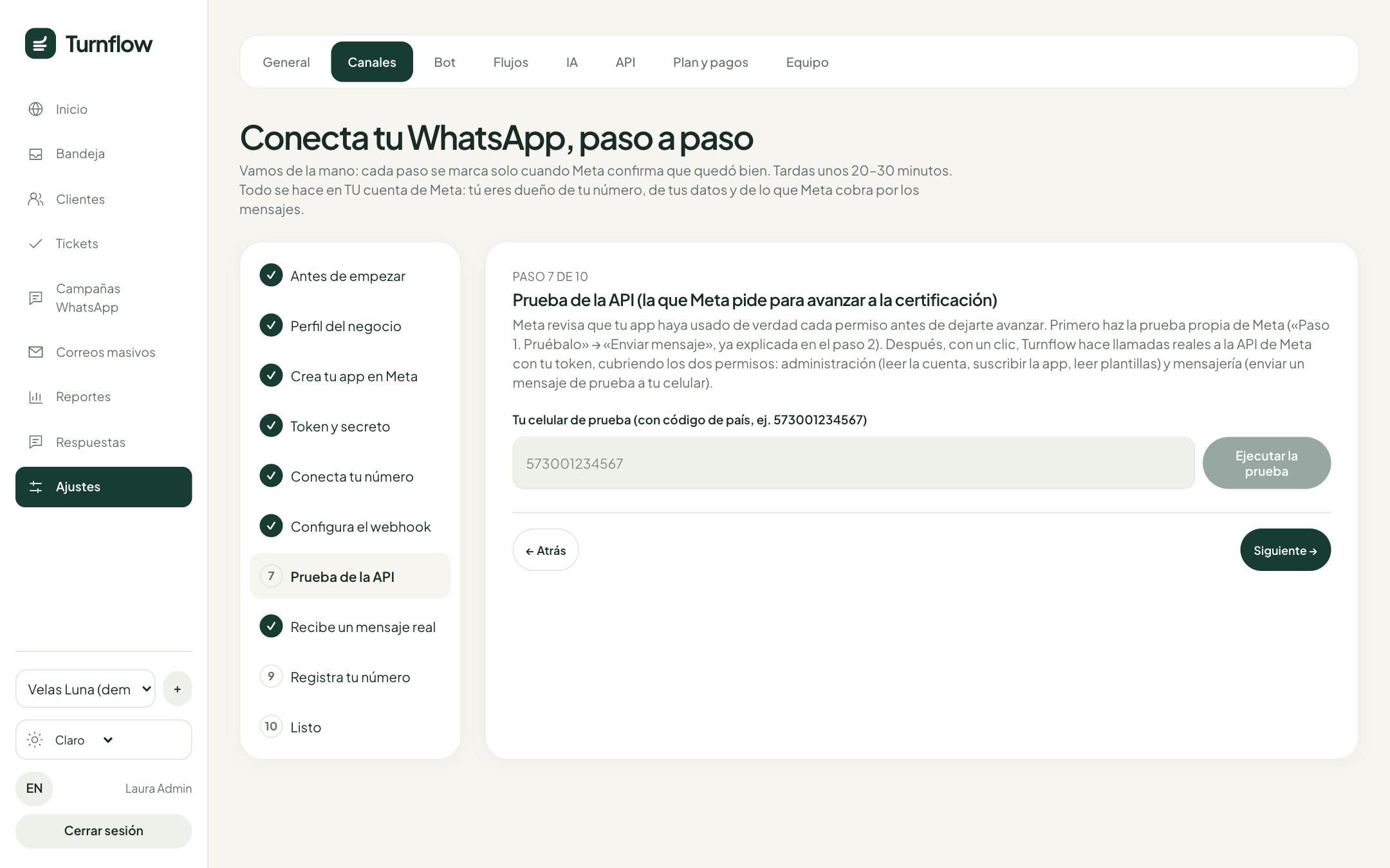 Guía de conexión de WhatsApp dentro de Turnflow